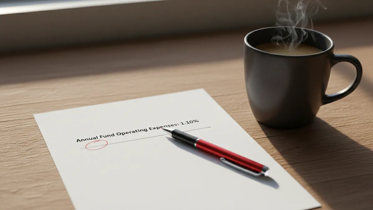 › what-is-an-expense-ratio Investment fund prospectus with expense ratio of 1.10% circled in red pen on a wooden desk next to a coffee mug