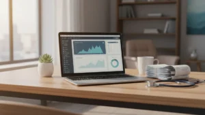 what-is-an-hsa-account › what-is-an-hsa-account Desk with laptop showing financial dashboard, stethoscope and medical receipts representing HSA account planning