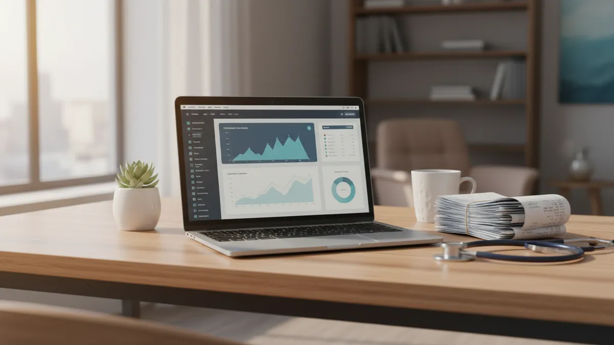 › what-is-an-hsa-account Desk with laptop showing financial dashboard, stethoscope and medical receipts representing HSA account planning
