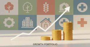 Visual representation of index fund investing showing a rising market chart with diversified portfolio growth