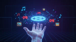 Glowing digital NFT token floating above a hand with blockchain nodes and digital art icons