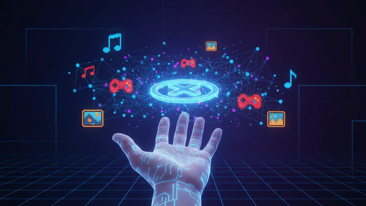 what-is-an-nft › what-is-an-nft Glowing digital NFT token floating above a hand with blockchain nodes and digital art icons