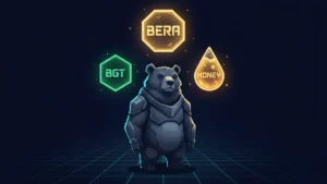 what-is-berachain-crypto › what-is-berachain-crypto Berachain BERA crypto three-token economy illustration showing BERA, BGT, and HONEY tokens with blockchain network background