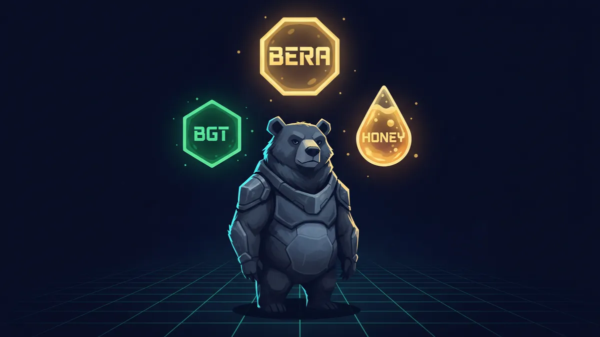what-is-berachain-crypto › what-is-berachain-crypto Berachain BERA crypto three-token economy illustration showing BERA, BGT, and HONEY tokens with blockchain network background