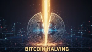Bitcoin halving concept showing a Bitcoin coin splitting in half with blockchain network background