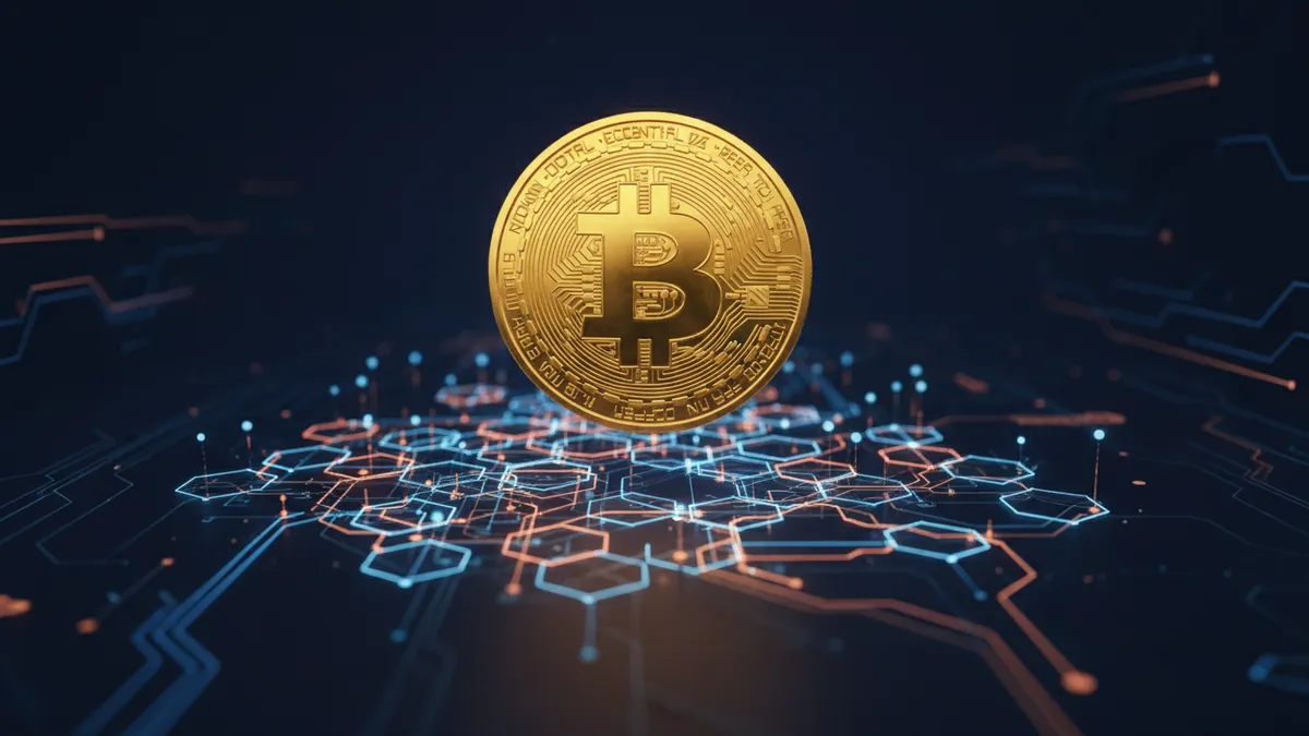 what-is-bnb-crypto › what-is-bnb-crypto BNB crypto token floating above a blockchain network representing the BNB Chain ecosystem