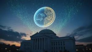 › what-is-cbdc Illustration of a glowing digital dollar coin hovering above a central bank building, representing a CBDC central bank digital currency