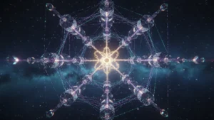 Cosmos ATOM cryptocurrency network showing IBC protocol connecting multiple blockchain nodes in space