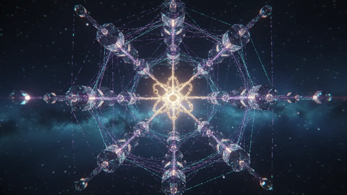 › what-is-cosmos-crypto Cosmos ATOM cryptocurrency network showing IBC protocol connecting multiple blockchain nodes in space