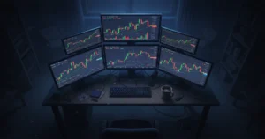 Cryptocurrency day trading setup showing multiple monitors with candlestick charts glowing in a dark room