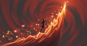 Illustration of crypto FOMO showing a trader reaching toward a sharply rising price chart surrounded by social media notifications