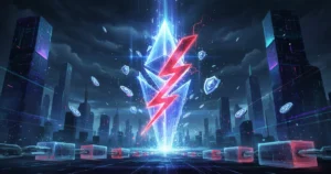 Illustration of crypto slashing penalty striking an Ethereum validator node in a blockchain network