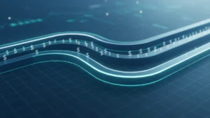 what-is-curve-finance › what-is-curve-finance Abstract visualization of Curve Finance stablecoin liquidity pools and trading curves in deep blue and teal