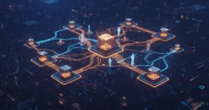 Illustration of a decentralized finance network showing blockchain nodes connected without banks