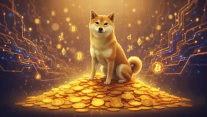 Dogecoin DOGE cryptocurrency Shiba Inu meme coin with gold coins representing its 7 billion market cap