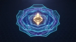 Ethereum diamond logo surrounded by layered security shields representing EigenLayer restaking and AVS protocols