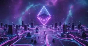Ethereum blockchain network visualization with glowing ETH logo and connected nodes