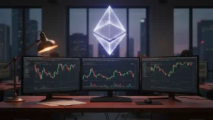 Ethereum logo floating above a stock trading desk with price charts on monitors, representing the bridge between crypto and traditional investing through ETFs