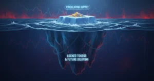 Iceberg illustration showing fully diluted valuation versus circulating market cap in crypto investing