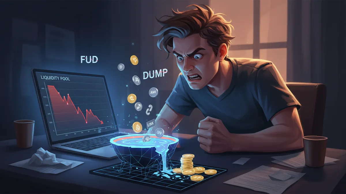 Visual illustration of impermanent loss in DeFi showing coins draining from a liquidity pool