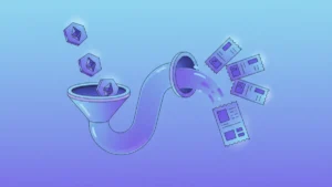 Liquid staking in crypto: Ethereum coins flowing through a protocol to become liquid staking tokens