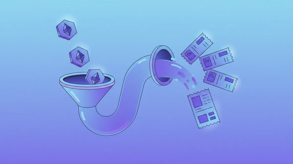 › what-is-liquid-staking-crypto Liquid staking in crypto: Ethereum coins flowing through a protocol to become liquid staking tokens
