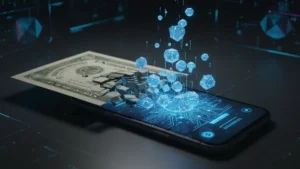 US Treasury bill transforming into digital tokens on a phone, illustrating how Ondo Finance tokenizes treasuries for DeFi