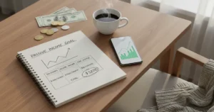 Overhead view of a desk with coffee, notebook showing passive income calculations, and a phone with stock charts