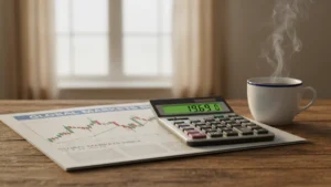 Financial newspaper showing a stock chart and calculator displaying a P/E ratio calculation on a wooden desk with morning coffee