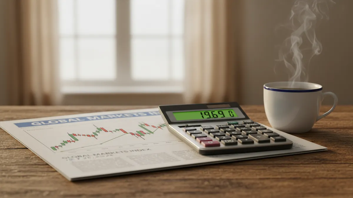 › what-is-pe-ratio Financial newspaper showing a stock chart and calculator displaying a P/E ratio calculation on a wooden desk with morning coffee