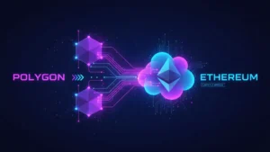Polygon blockchain network connecting to Ethereum with purple geometric shapes and glowing transaction nodes