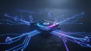 Render Network decentralized GPU computing concept showing a glowing GPU connected to multiple nodes via data streams