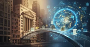 Real world assets tokenization concept showing the bridge between traditional finance and blockchain DeFi