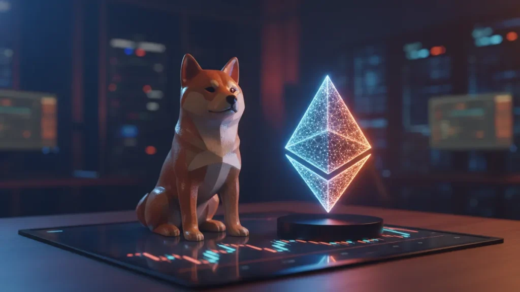 › what-is-shiba-inu-crypto Shiba Inu (SHIB) crypto token concept with Ethereum logo and trading charts on a dark desk