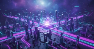 Solana blockchain network visualization showing high-speed parallel transaction processing with SOL token