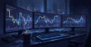 Wyckoff method trading desk with candlestick charts and volume analysis on multiple monitors