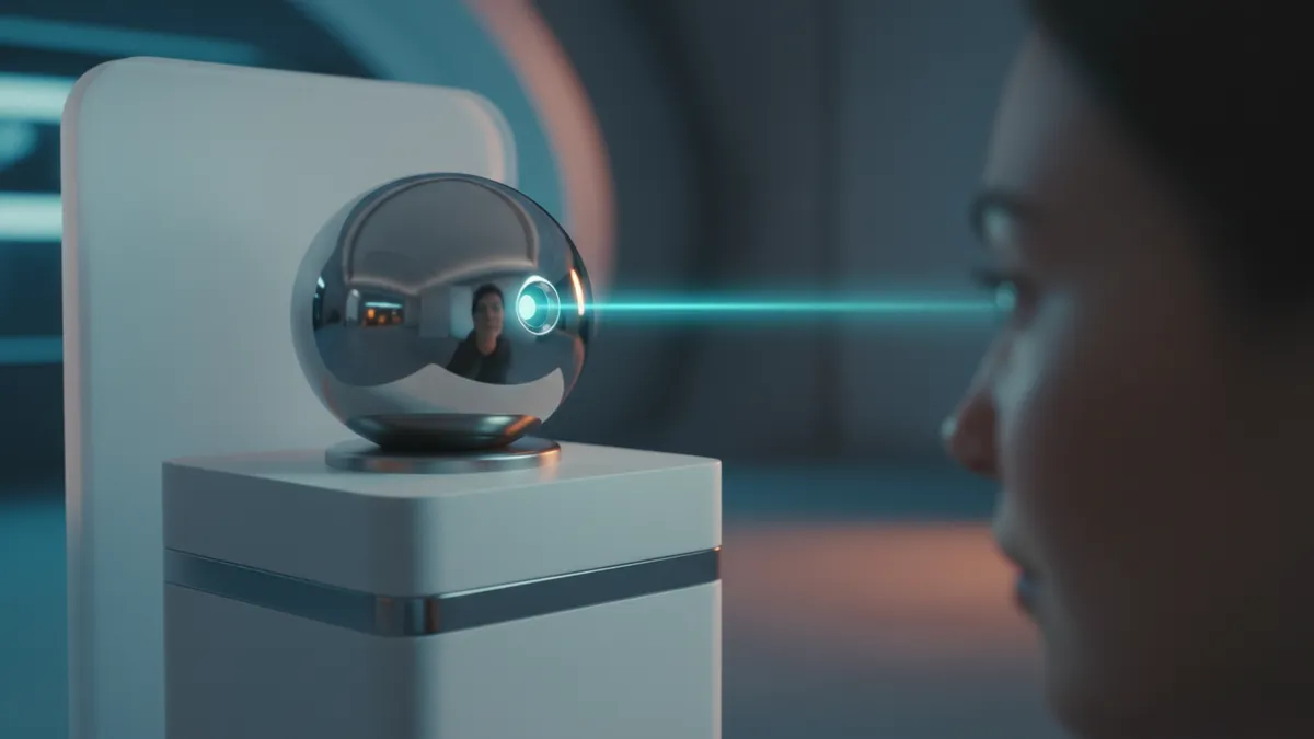 A chrome Worldcoin Orb device scanning a human iris with a cyan light beam in a modern verification kiosk