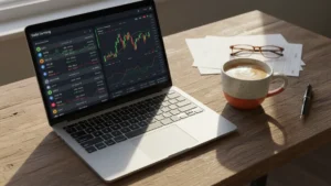 DeFi yield farming dashboard on laptop with coffee mug on rustic desk