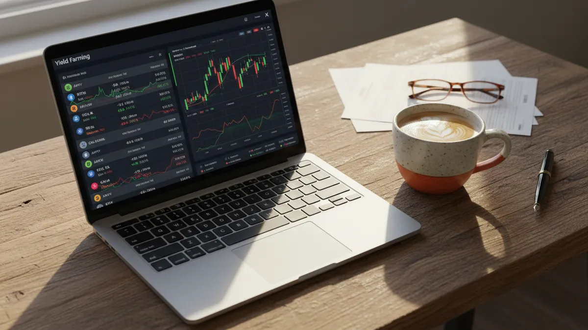 › what-is-yield-farming-in-defi DeFi yield farming dashboard on laptop with coffee mug on rustic desk