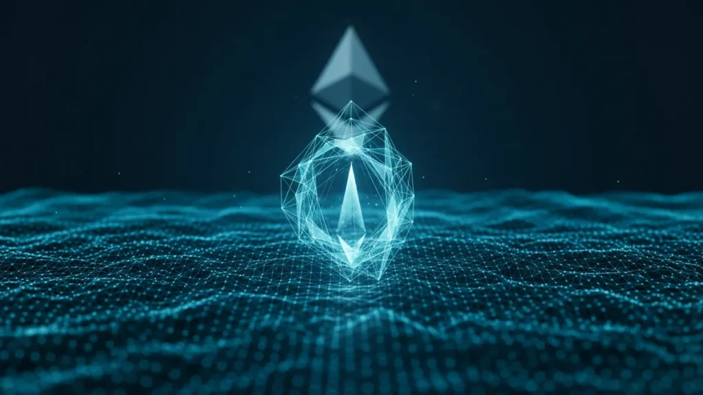 › what-is-zksync-crypto Abstract illustration of a ZKsync zero-knowledge proof condensing Ethereum transactions into a single cryptographic shard