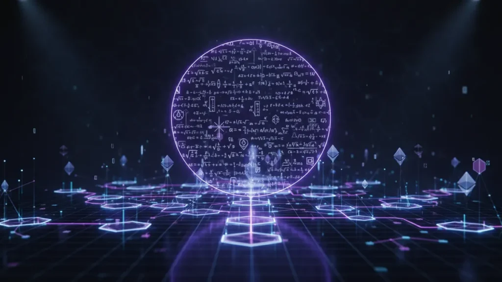 › zero-knowledge-proofs-crypto Visual representation of zero knowledge proofs in crypto showing a cryptographic shield protecting blockchain data with mathematical equations